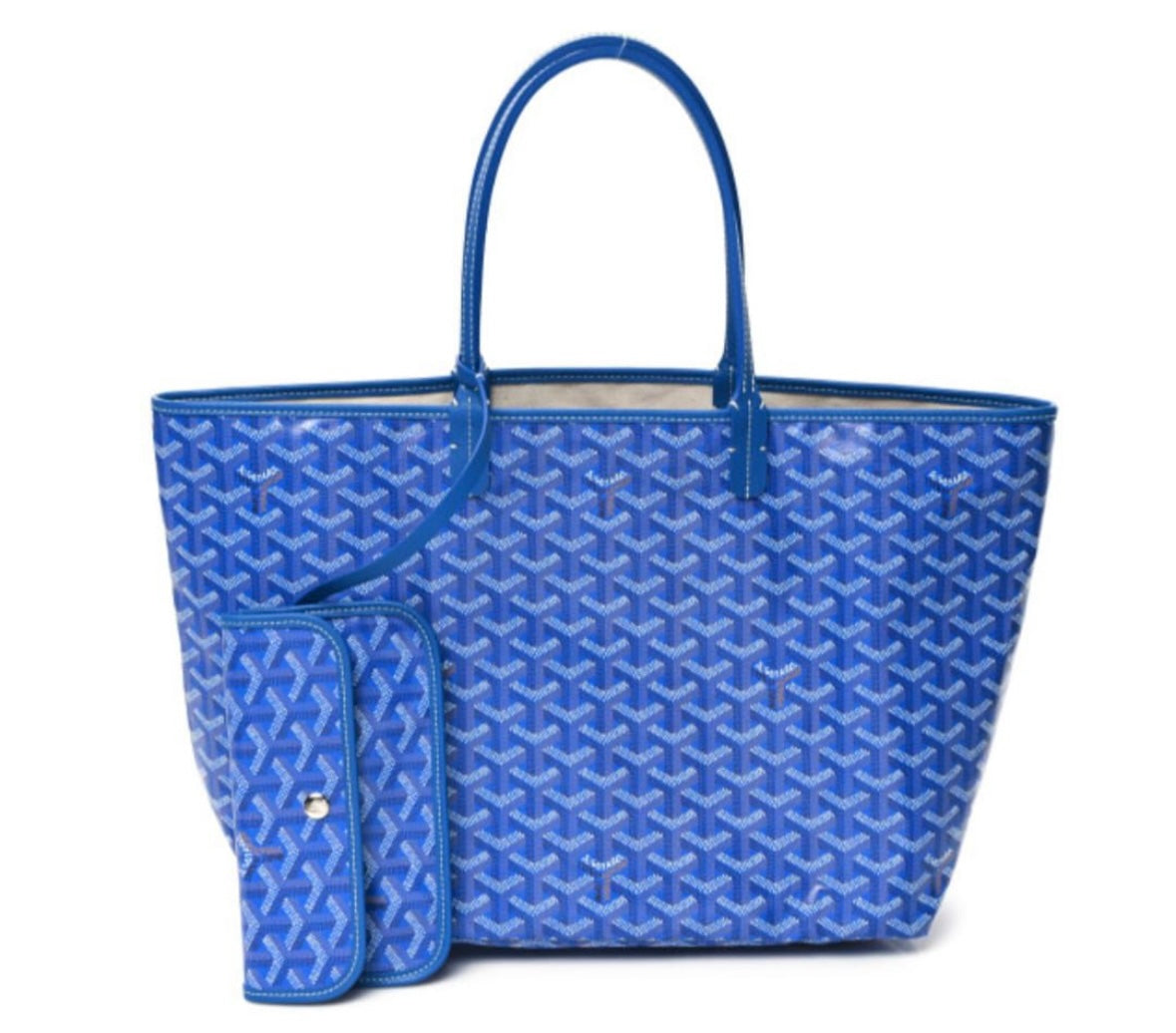 blue tote with wallet